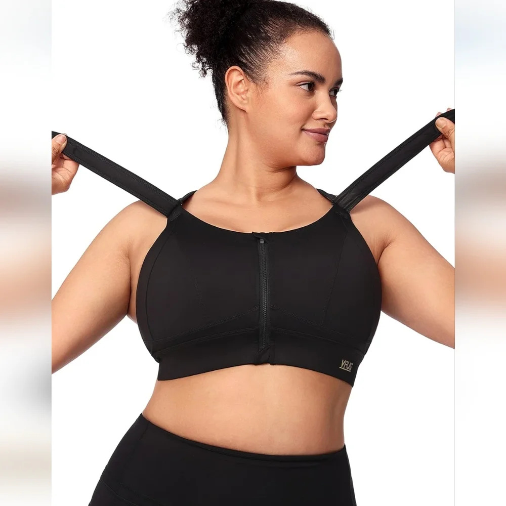 Adjustable High Impact Sports Bra with Zipper - Black